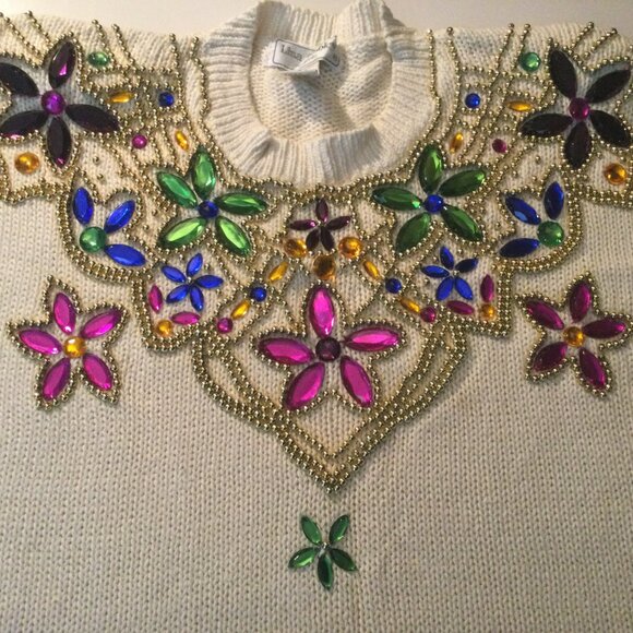 Lisa Ashley White Floral Ladies Bedazzled sweater Vintage size: M - Picture 2 of 6